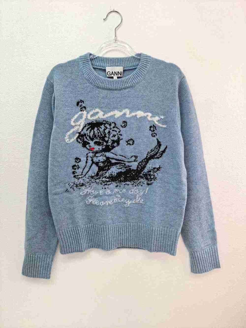 GANNI Heather Blue Mermaid Long Sleeve Crewneck Knitted Jumper